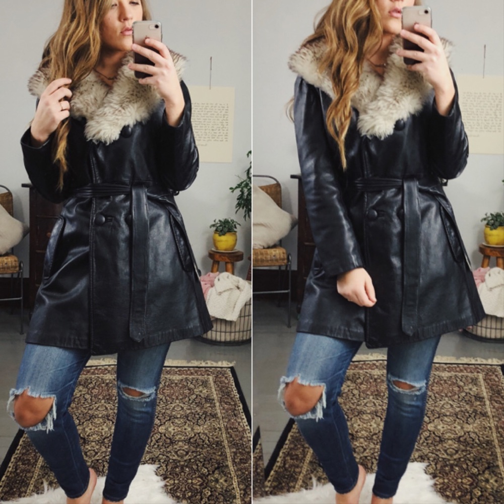 Vintage Leather Faux Fur Trench Coat
